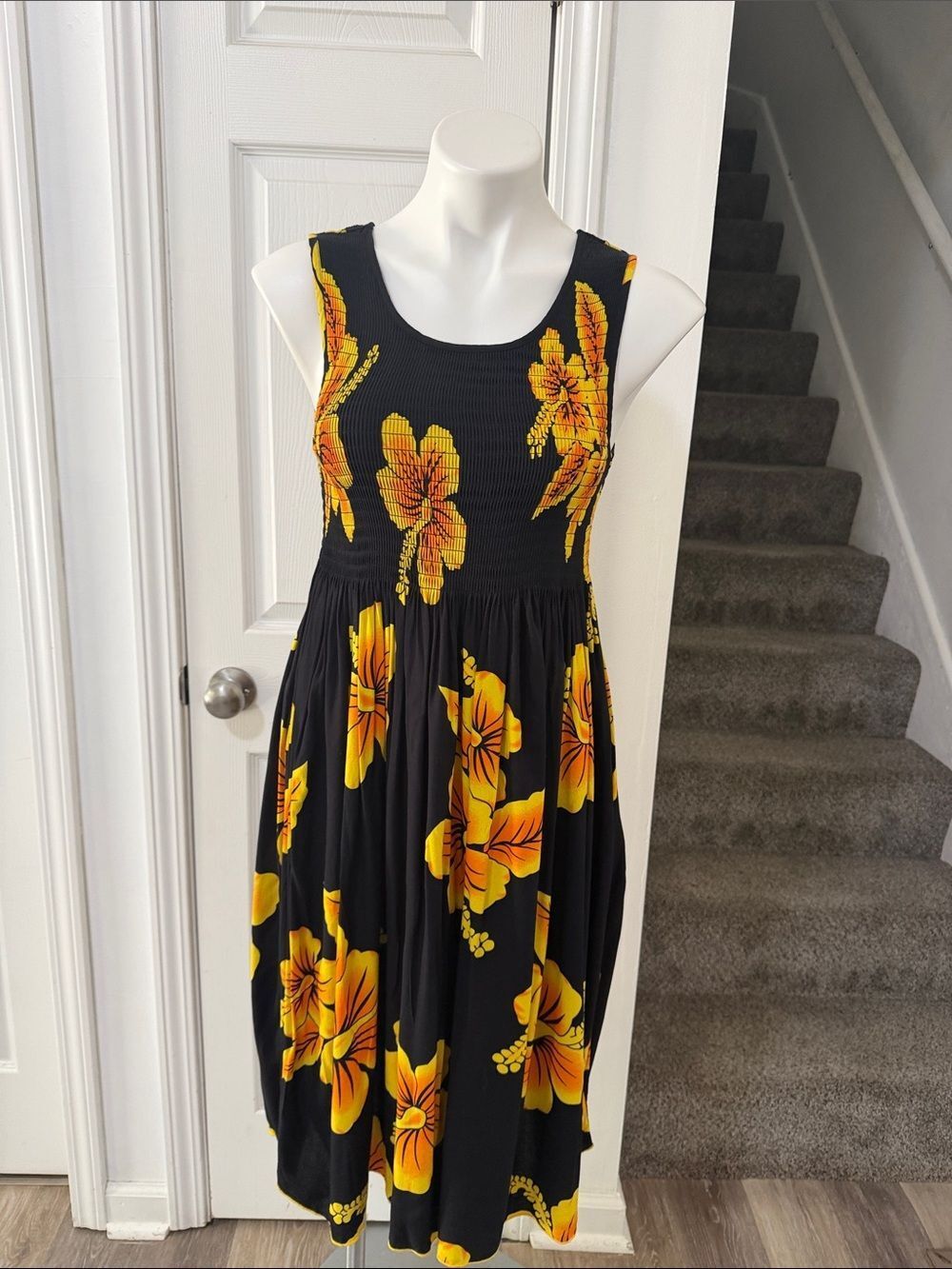 Sleeveless Black Midi Dress with Yellow Floral Print Size S